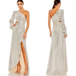 Mac Duggal Silver Sequin One-Shoulder Maxi Dress